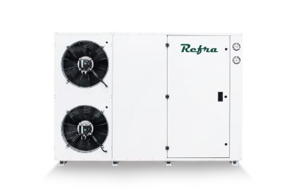 White outdoor condensing units for refrigeration systems manufactured by Refra