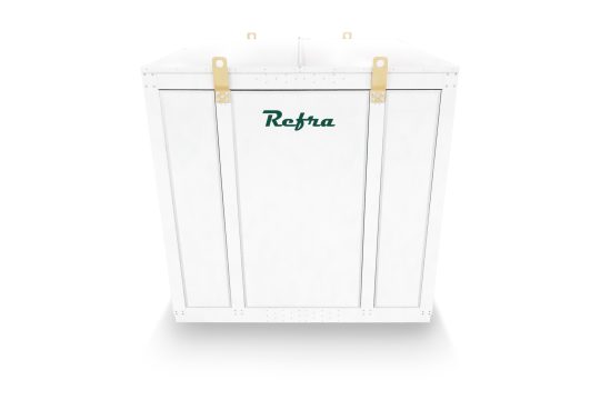 condenserless chiller for refrigeration systems manufactured by refra in a white walk in container