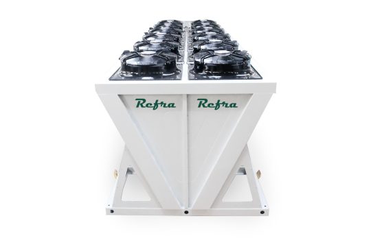 Industrial gas cooler assembled with plate heat exchangers and fans in a V shaped white metal frame, manufactured by Refra, side view