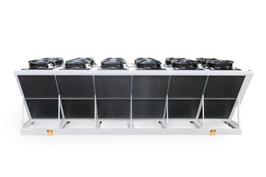 Industrial gas cooler assembled with plate heat exchangers and fans in a V shaped white metal frame, manufactured by Refra, front view