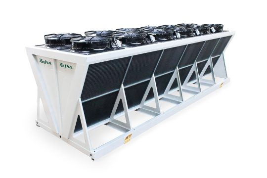 Industrial gas cooler assembled with plate heat exchangers and fans in a V shaped white metal frame, manufactured by Refra, standing sideways
