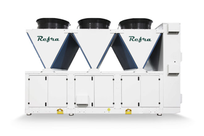 Air cooled industrial chillers manufactured by Refra from the back