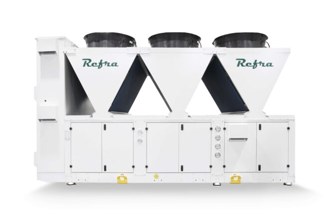 Air cooled industrial chillers manufactured by Refra from the front