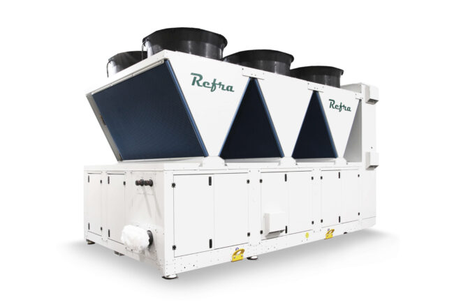 Air cooled industrial chillers manufactured by Refra from the back left side