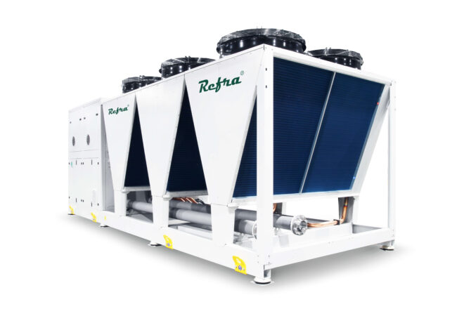 Air to water propane Solis+ heat pump manufactured by Refra from the left back side