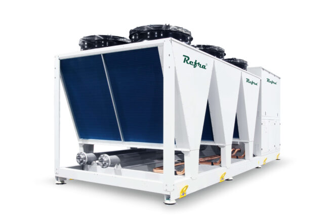 Air to water propane Solis+ heat pump manufactured by Refra from the right back side