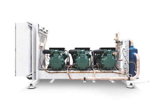 Refrigeration compressor rack system assembled with reciprocating compressors, manufactured by Refra, front view