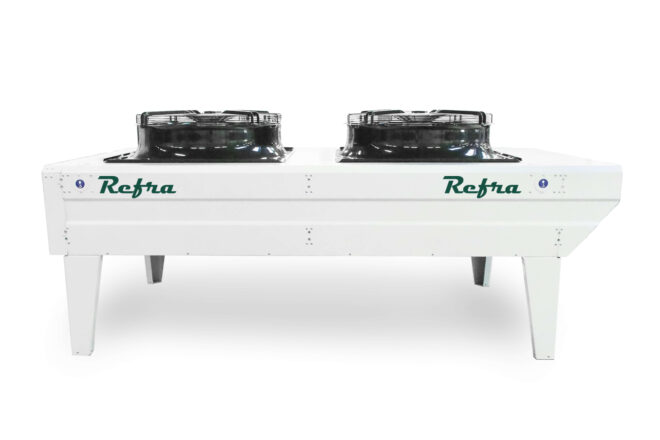 Air cooled condensers, assembled on a metal four leg frame with two fans, manufactured by Refra from the front