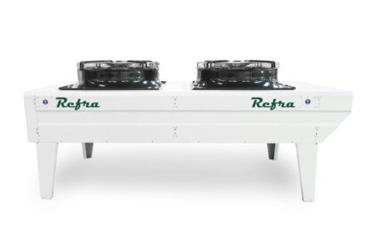 Gas coolers assembled on a metal four leg frame with two fans, manufactured by Refra from the front