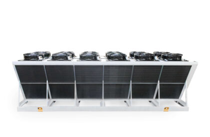 Industrial gas coolers assembled with plate heat exchangers and fans in a V shaped white metal frame, manufactured by Refra from the front