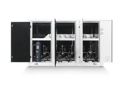 Refrigeration compressor rack system assembled with scroll compressors, manufactured in a white metal frame by Refra, with open doors