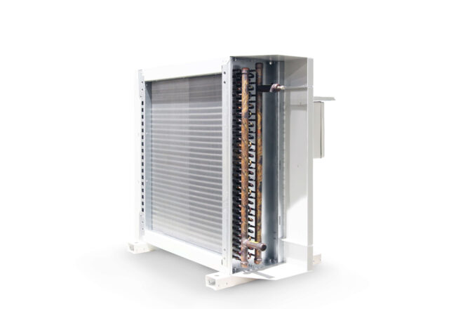 Vertical single gas cooler for CO2 systems manufactured by Refra from the left back side