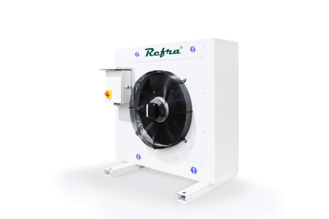 Vertical single air cooled condensers for refrigeration manufactured by Refra from the left side