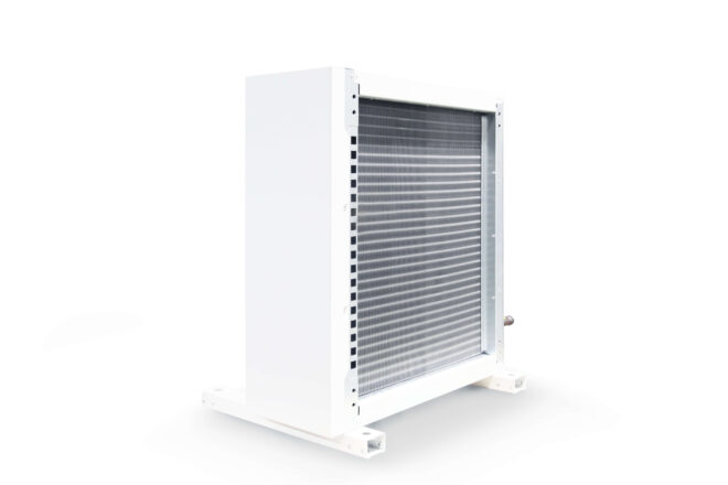 Vertical single air cooled condensers for refrigeration manufactured by Refra from the right back side