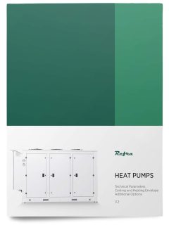 green front cover of Refra standard heat pumps brochure with a heat pump unit in it