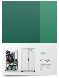 green front cover of Refra standard co2 refrigeration system brochure with a CO2 Light refrigeration unit in it
