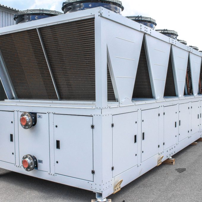 Air cooled chiller, manufactured at Refra refrigeration factory, standing outdoors