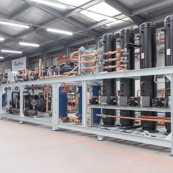 Transcritical CO2 refrigeration system equipment, standing in Refra factory