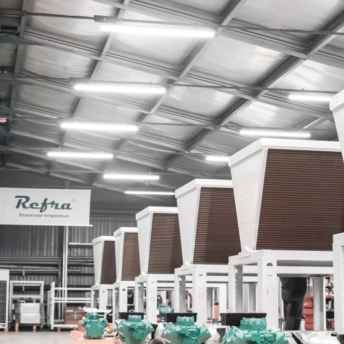 A line of refrigeration equipment units, standing in line at Refra factory in Lithuania