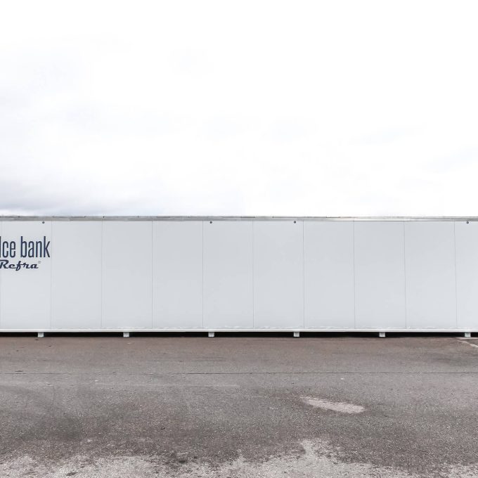A huge white ice bank, standing outside of Refra refrigeration production factory in Lithuania