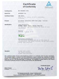 TÜV Rheinland Certificate of Conformity for Refra R290 heat pumps and chillers, covering Australian and New Zealand AS/NZS standards.