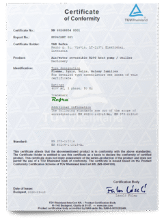 TÜV Rheinland Certificate of Conformity for Refra R290 heat pumps and chillers, including Flamma, Ignis, Solis and Galaxy, to EN 378-2:2016 and EN 60204-1:2018+A1 standards.
